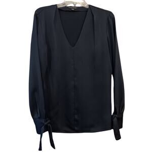 BANANA REPUBLIC Dressy Blouse M Navy‎ Blue Career Office Professional Tie Cuffs